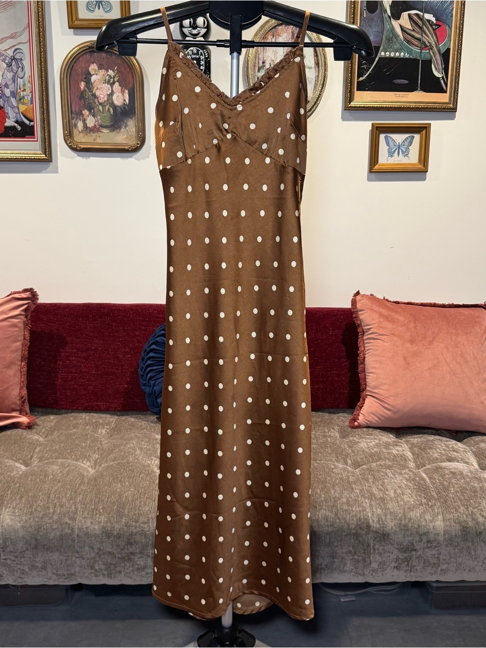 Polka Dot Maxi Slip Dress in Brown